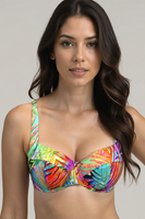 Vivisence Bikini Top With Padded Cups Wide Straps Colorful Print And Side Boning Support 3231, orange-green