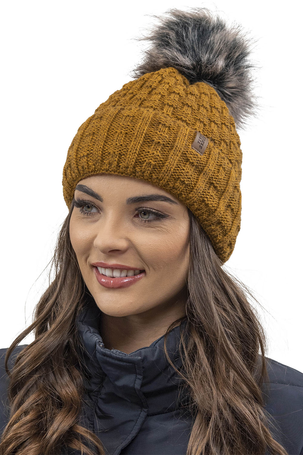 Vivisence Damen Mütze Bommel Warm Fleece Gefüttert Strick Winterstyle 7015, dunkelgelb