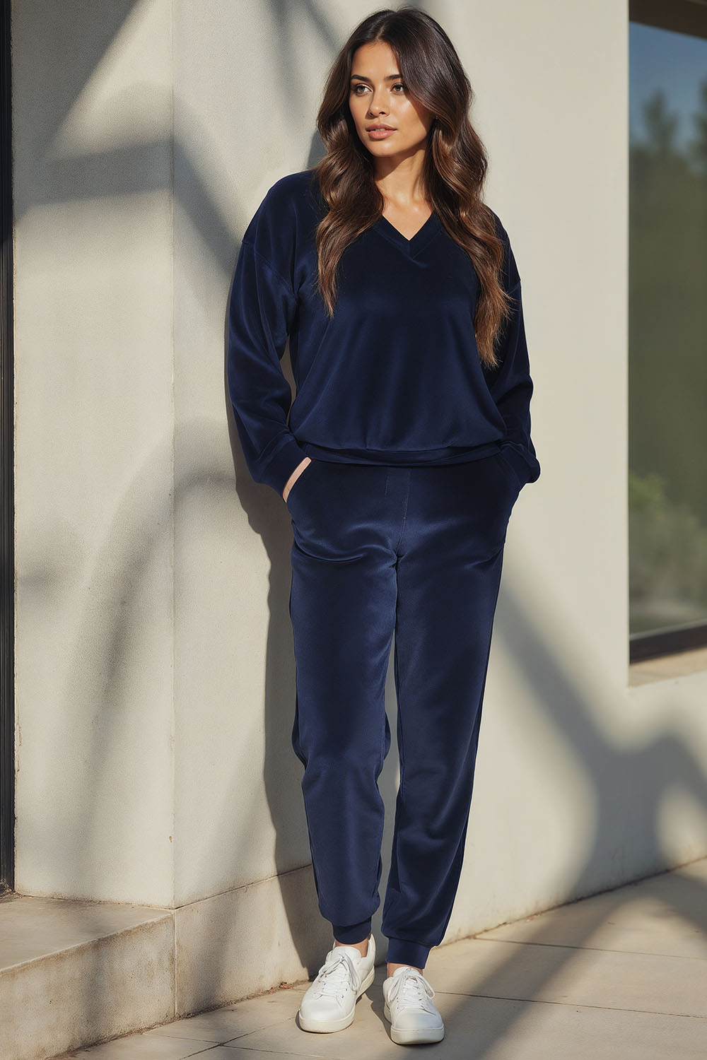 Vivisence Women Joggers Cotton Knit Pockets Elastic Waist Lounge Trousers 9101, dark blue