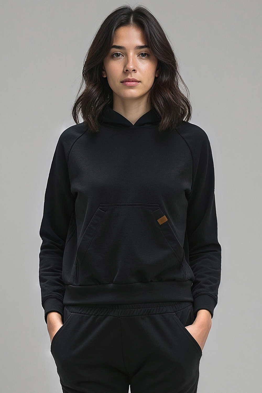 Vivisence Women Hoodie Sweatshirt Cotton Hood Pocket Casual Sportswear 9003, black