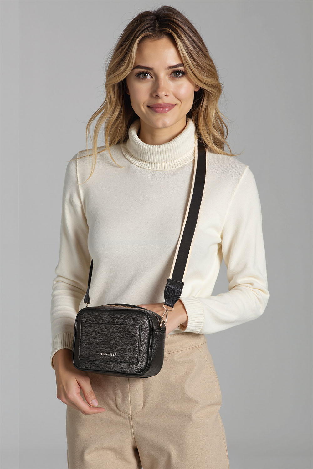 Vivisence Damen Schultertasche mit Reißverschluss Verstellbarer Riemen, Schwarz