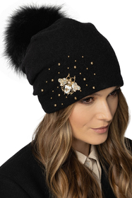 Vivisence Damen Bommelmütze Winter Wolle Handgefertigte Schurwolle 7079, Schwarz