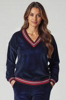 Vivisence Women Sweatshirt Velour Ribbed V Neck Long Sleeve Lounge Casual 9001, dark blue