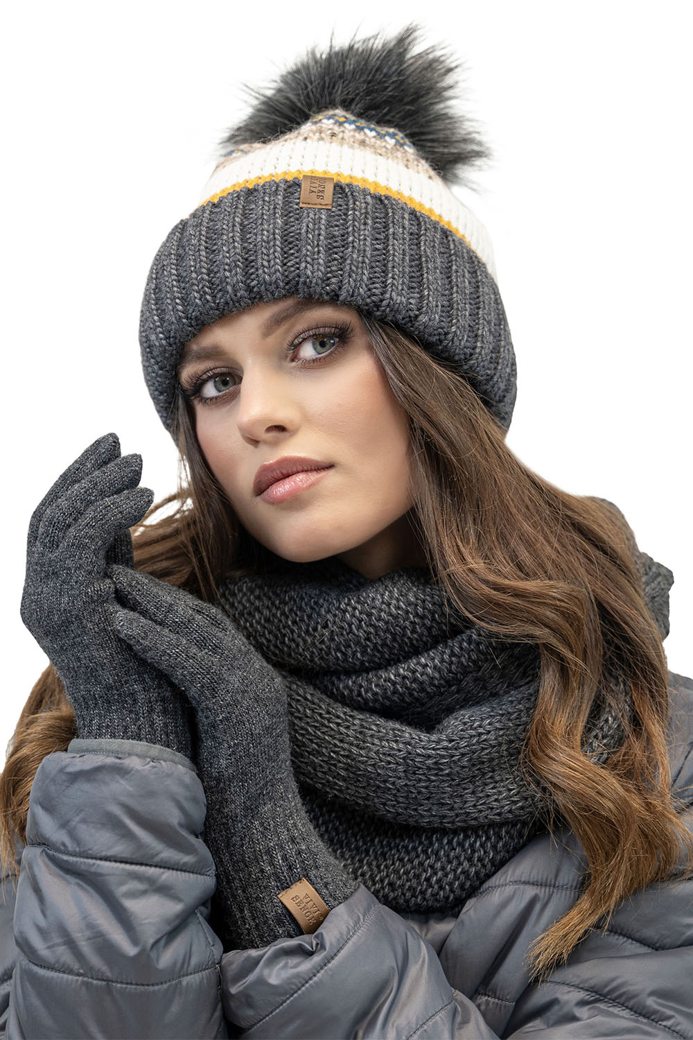 Vivisence Women's Pom Pom Hat Warm Yarn Antistatic Effect Winter Style 7099, dark grey