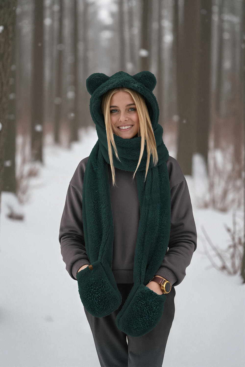 Vivisence Femme Capuche Écharpe Hiver Avec Moufles Oreilles Mignon Douillet, vert bouteille