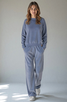 Vivisence Women's Velour Tracksuit Set Two Piece Loungewear Outfit With Classic Sweatshirt And Wide Leg Trousers Soft Cotton With Pockets And Elastic Waistband, Blue