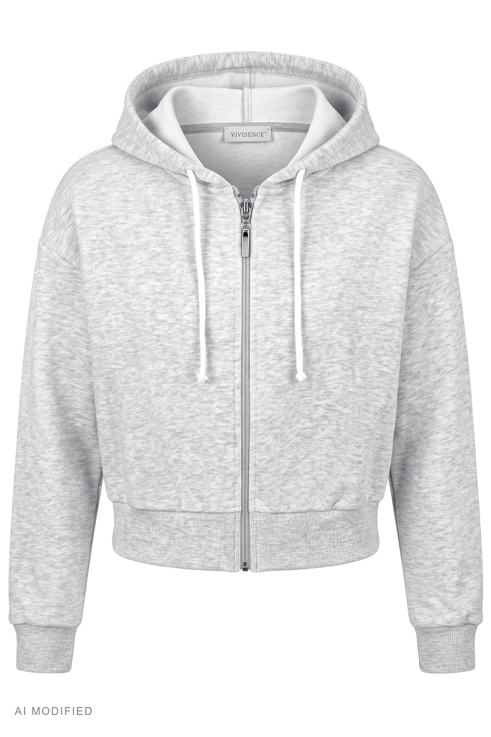 Vivisence Cropped Cotton Hoodie Zip Up Sweatshirt for Women, szary melanż