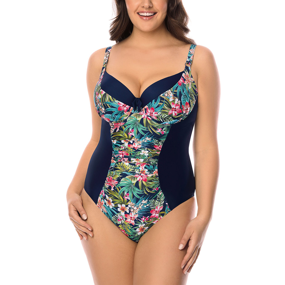 Vivisence Womens One Piece Swimsuit With Padded Cups Adjustable Straps V Neckline Floral Print Design, dark blue flowers