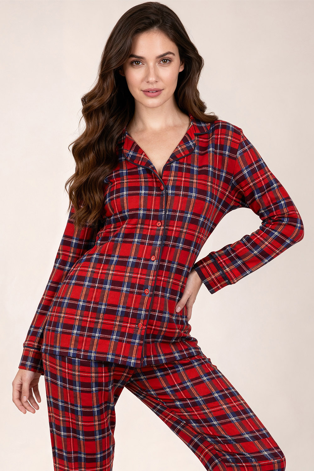 Vivisence Femme Pyjama Deux Pièces Coton À Carreaux Boutonné Confort Doux, rouge