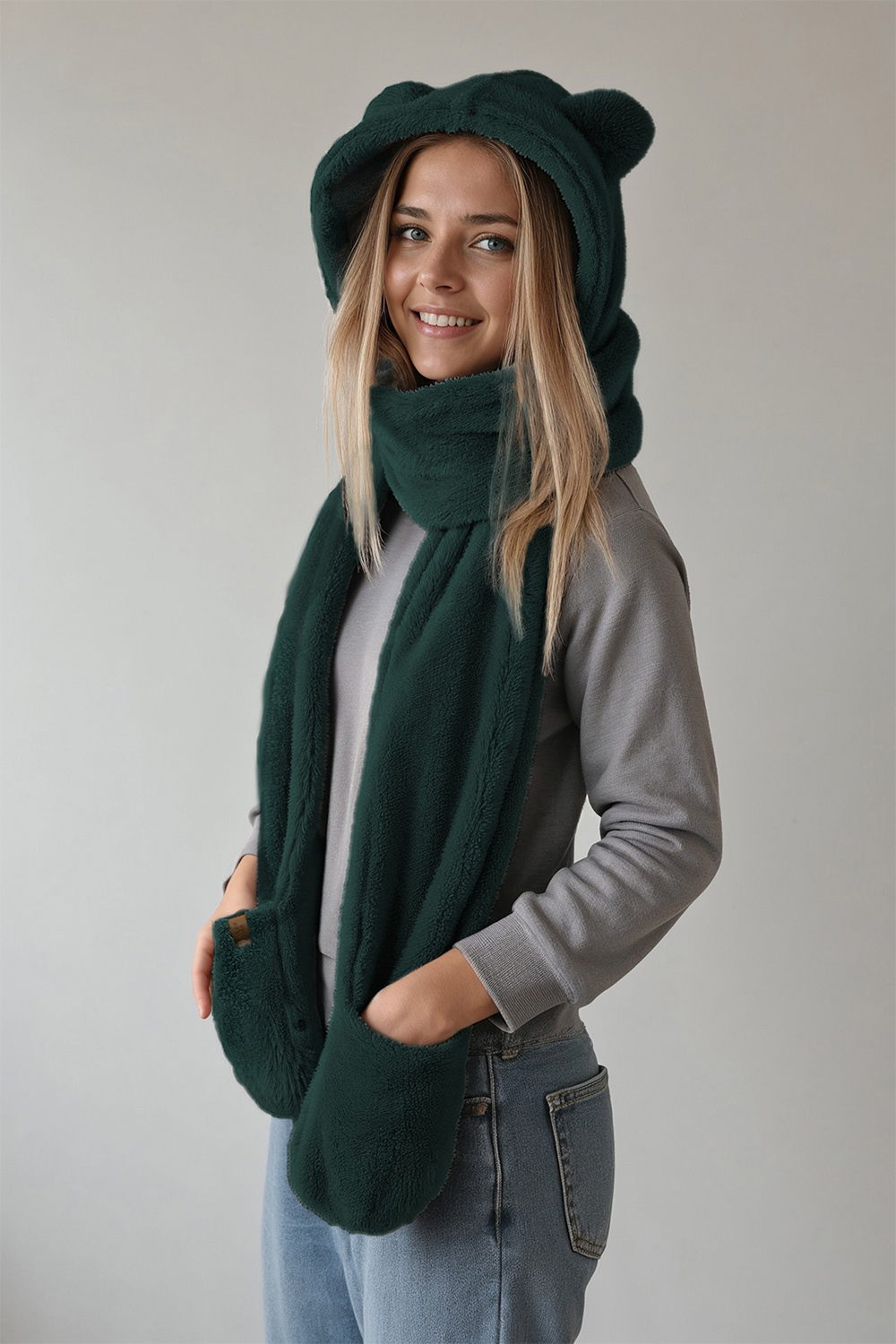Vivisence Femme Capuche Écharpe Hiver Avec Moufles Oreilles Mignon Douillet, vert bouteille