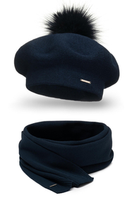 Vivisence Béret Et Écharpe Pour Femme L'automne et L'hiver Ensemble Élégant Fabriqué En Laine Chaude Avec Pompon De Fausse Fourrure Style Classique Idéal Pour Les Froids Jours Cadeau Parfait 7035Kmpl, bleu foncé