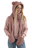 Vivisence Femme Capuche Écharpe Hiver Avec Moufles Oreilles Mignon Douillet, rose poudré