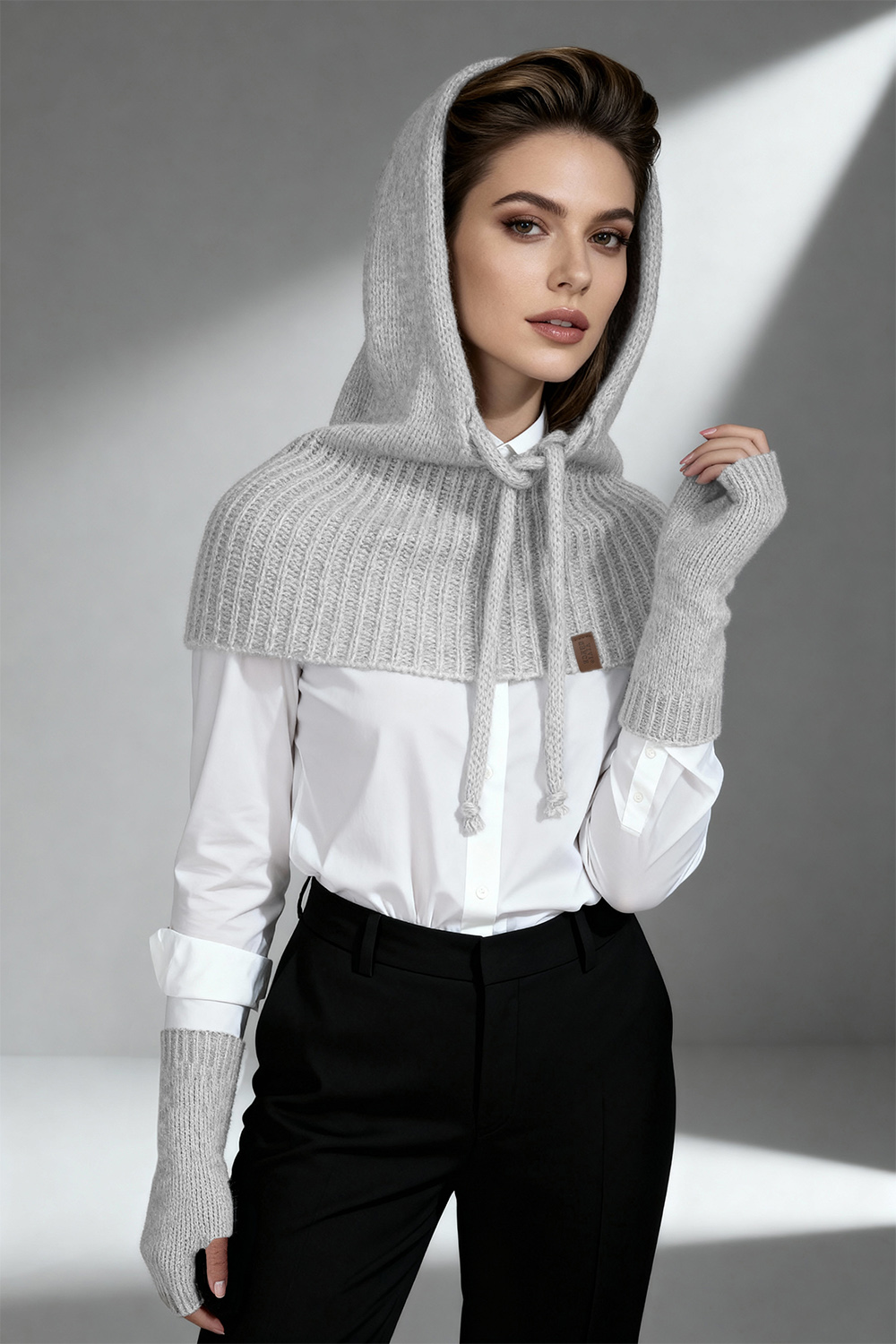 Vivisence Damen Kapuze Und Handstulpen Set Merino Baumwolle Warm für Wintertage, Grau