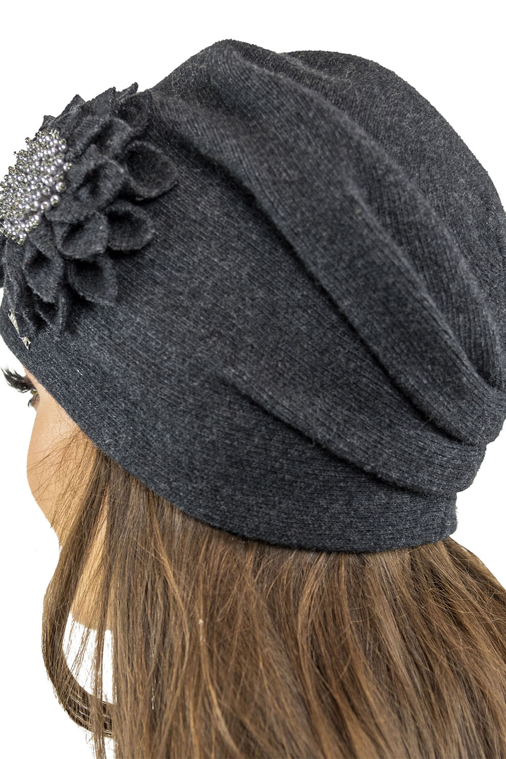Vivisence Women's Wool Hat With Floral Pleats Antistatic Elegant 7052, dark grey