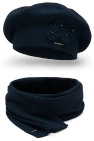 Vivisence Femme Béret Et Écharpe Pour l'Automne et l'Hiver Ensemble En Laine Avec Application Florale Style Classique Confortable Et Élégant Parfait Pour Lhiver Cadeau 7006Kmpl, bleu foncé