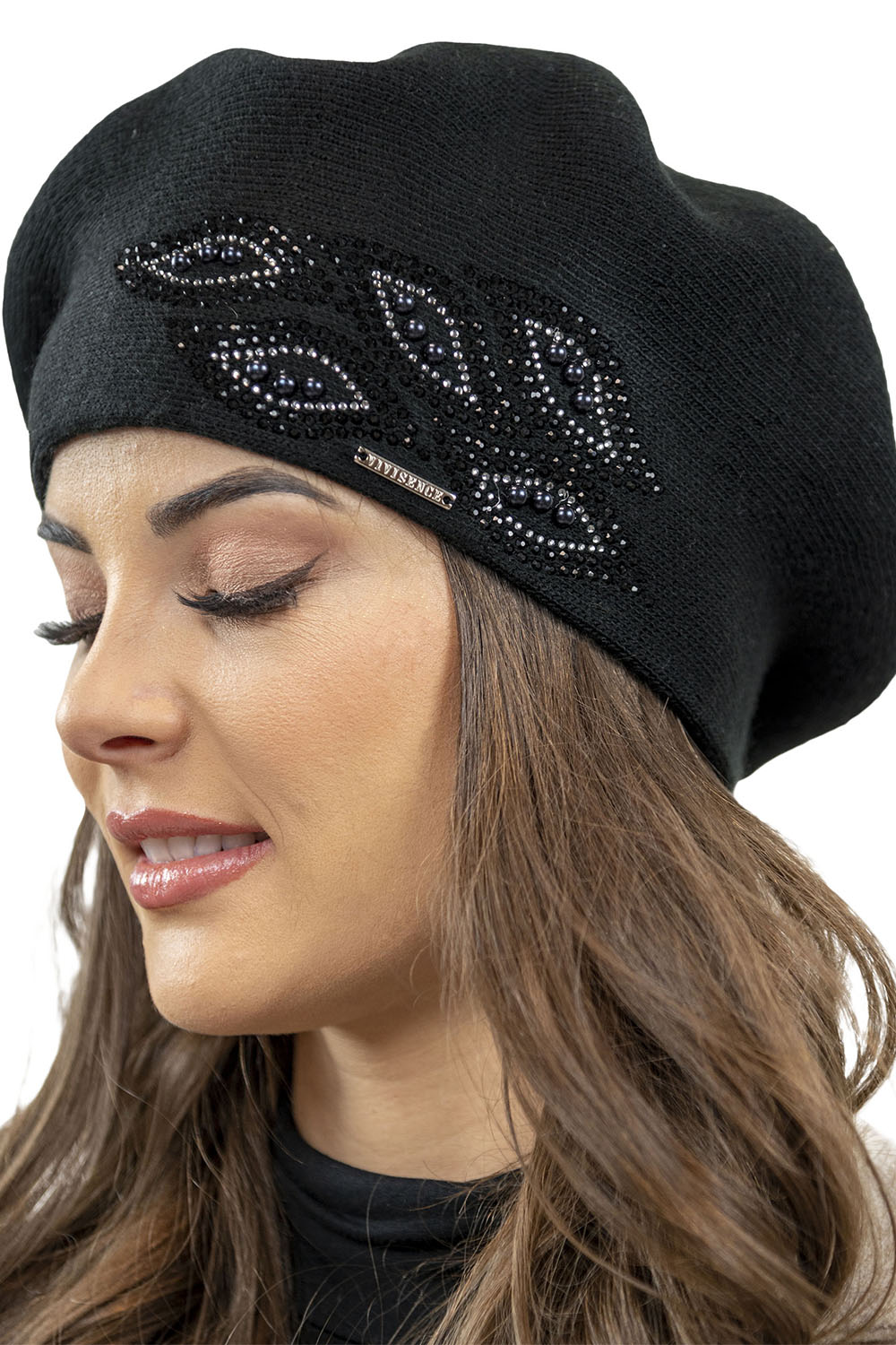 Vivisence Damen Baskenmütze mit Zirkonia-Applikation Ideal für Wintertage 7051, schwarz