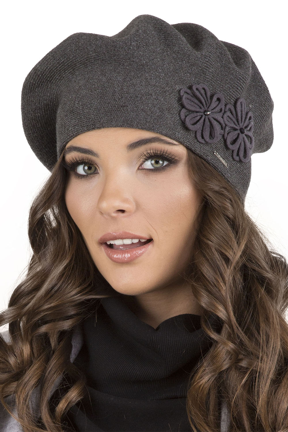 Vivisence Elegant Women's Winter Set Beret And Scarf With Classic Design And Floral Decoration Made Of Warm And Soft Fabric With Wool Blend Ideal For Cold Winter Days, Dark Grey