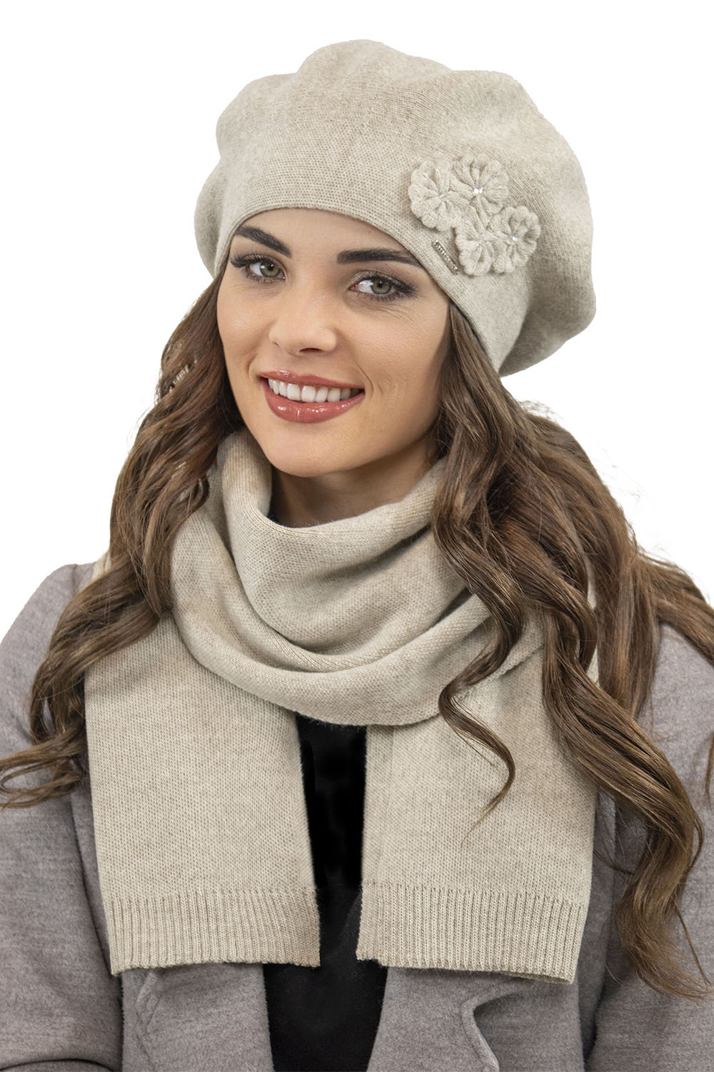 Vivisence Elegant Women's Winter Set Including Classic Beret With Floral Decoration And Matching Long Warm Wool Scarf Ideal For Cold Winter And Autumn Days, beige