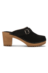 Vivisence Sabots Femme en Cuir Suédé, Semelle en Bois, Bout Fermé, Bride à Boucle Réglable, noir
