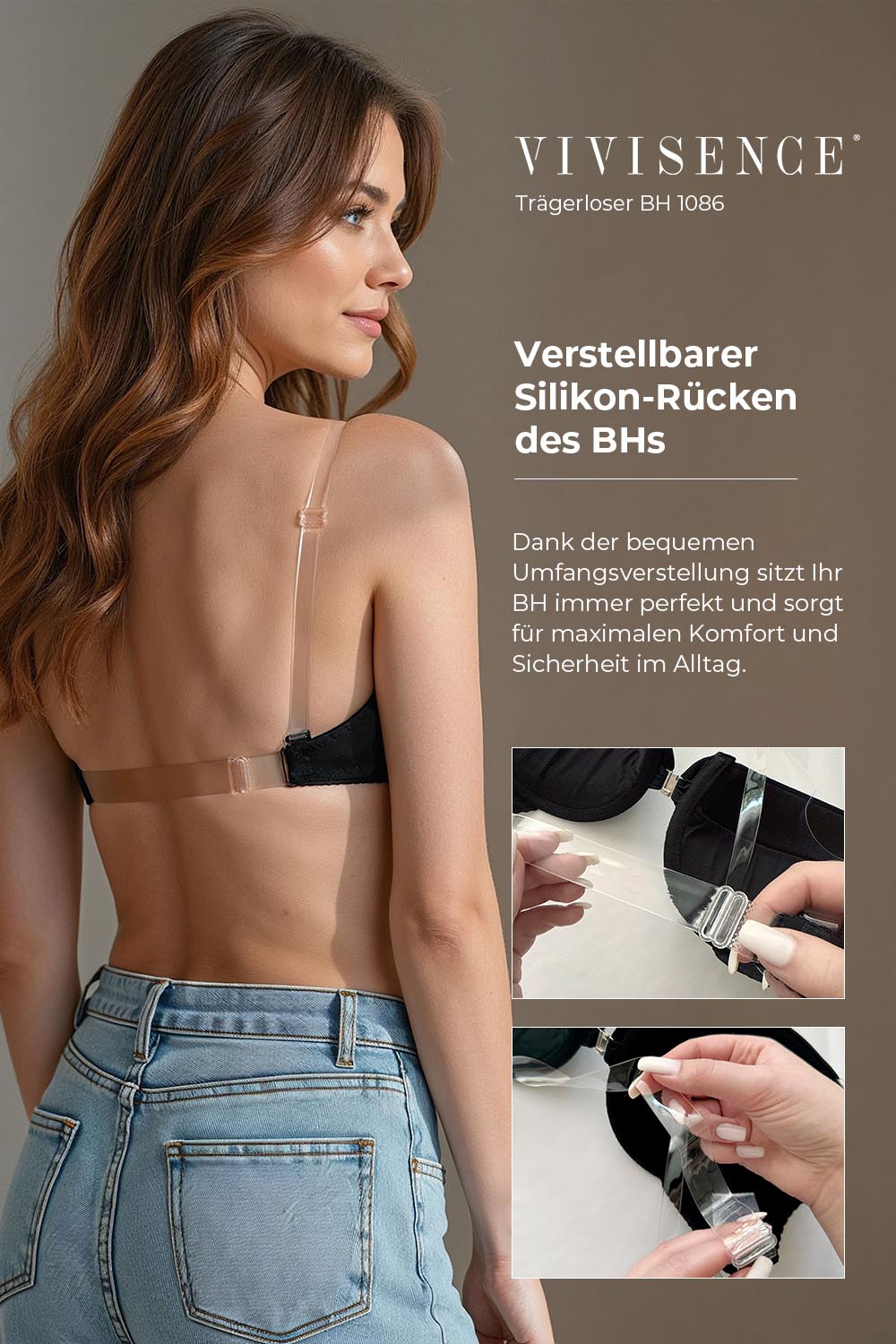 Vivisence Damen Push Up BH Rueckenfrei Mit Silikonband Abnehmbaren Traegern Komfortabler Halt Fuer Abendkleider Und Offene Ruecken, Schwarz