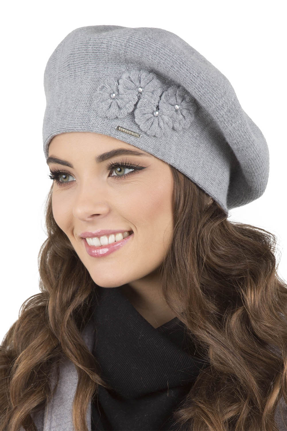 Vivisence Femme Béret Et Écharpe Pour l'Automne et l'Hiver Ensemble En Laine Avec Application Florale Style Classique Confortable Et Élégant Parfait Pour Lhiver Cadeau 7006Kmpl, gris clair