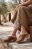 Vivisence Women’s Nubuck Clogs, Wooden Sole, Closed Toe Slip On Shoes with Heel, Comfortable Everyday Wear, dark brown