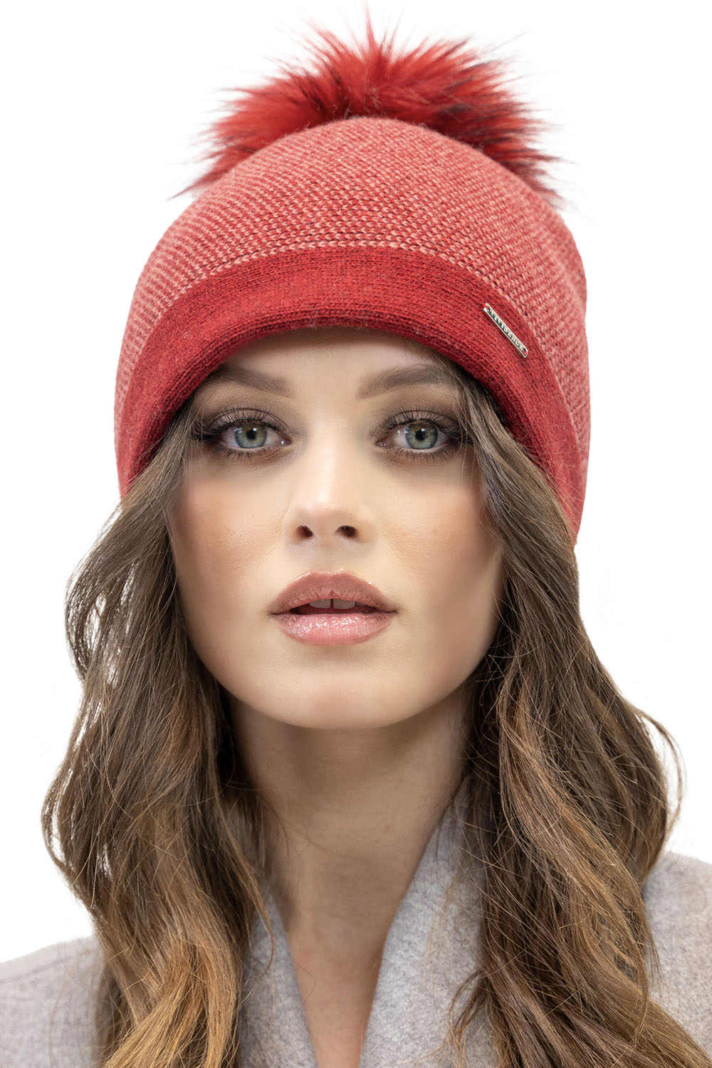 Vivisence Women's Pom Pom Hat Knitted With Subtle Houndstooth Pattern 7095, red cheerful check