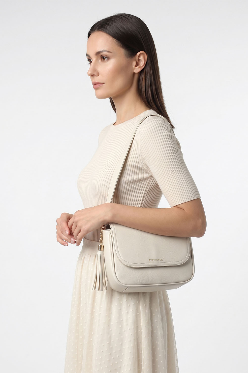 Vivisence Femme Sac Bandoulière Réglable Compact Fermoir Magnétique Pour Tous Les Jours, écru