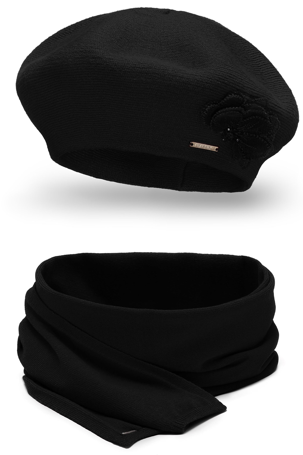 Vivisence Ensemble Béret Et Écharpe Pour Femme Automne et Hiver En Laine  Style Classique Élégant Avec Application Florale Idéal Pour Les Froides Journées Cadeau Parfait 7036Kmpl, noir