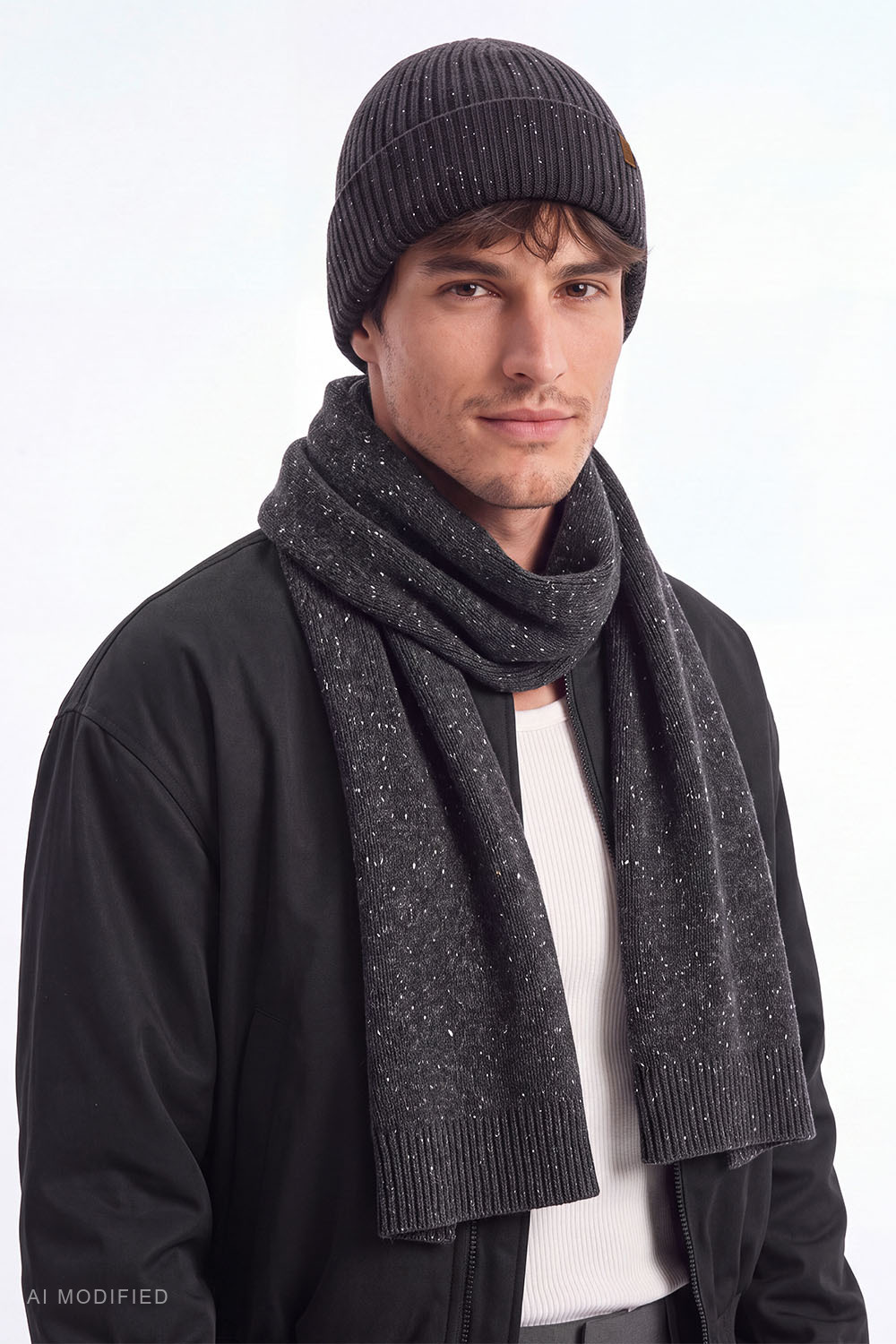 Vivisence Herren Winterset Mütze Schal Merinowolle Seide Set, dunkelgrau