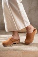 Vivisence Damen Clogs aus Nubukleder, Holzsohle, geschlossene Pantoletten mit Absatz, bequem für Alltag und Büro, hellbraun