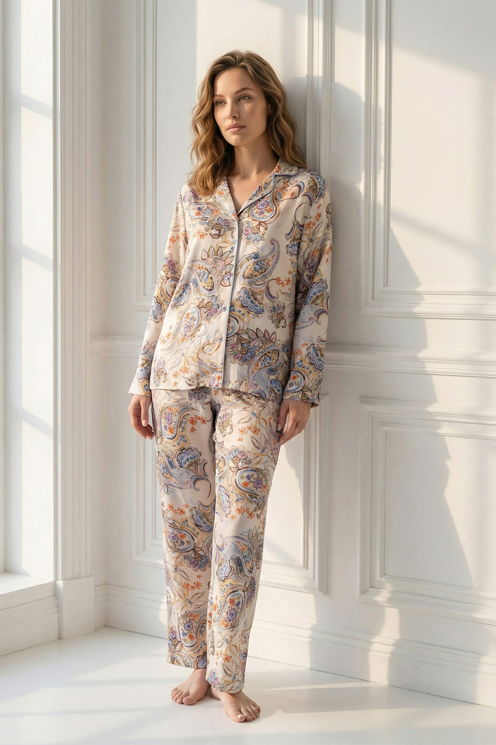 Vivisence Femme Pyjama Viscose Douce Manches Longues Boutons Confort Nuit, écru-motif
