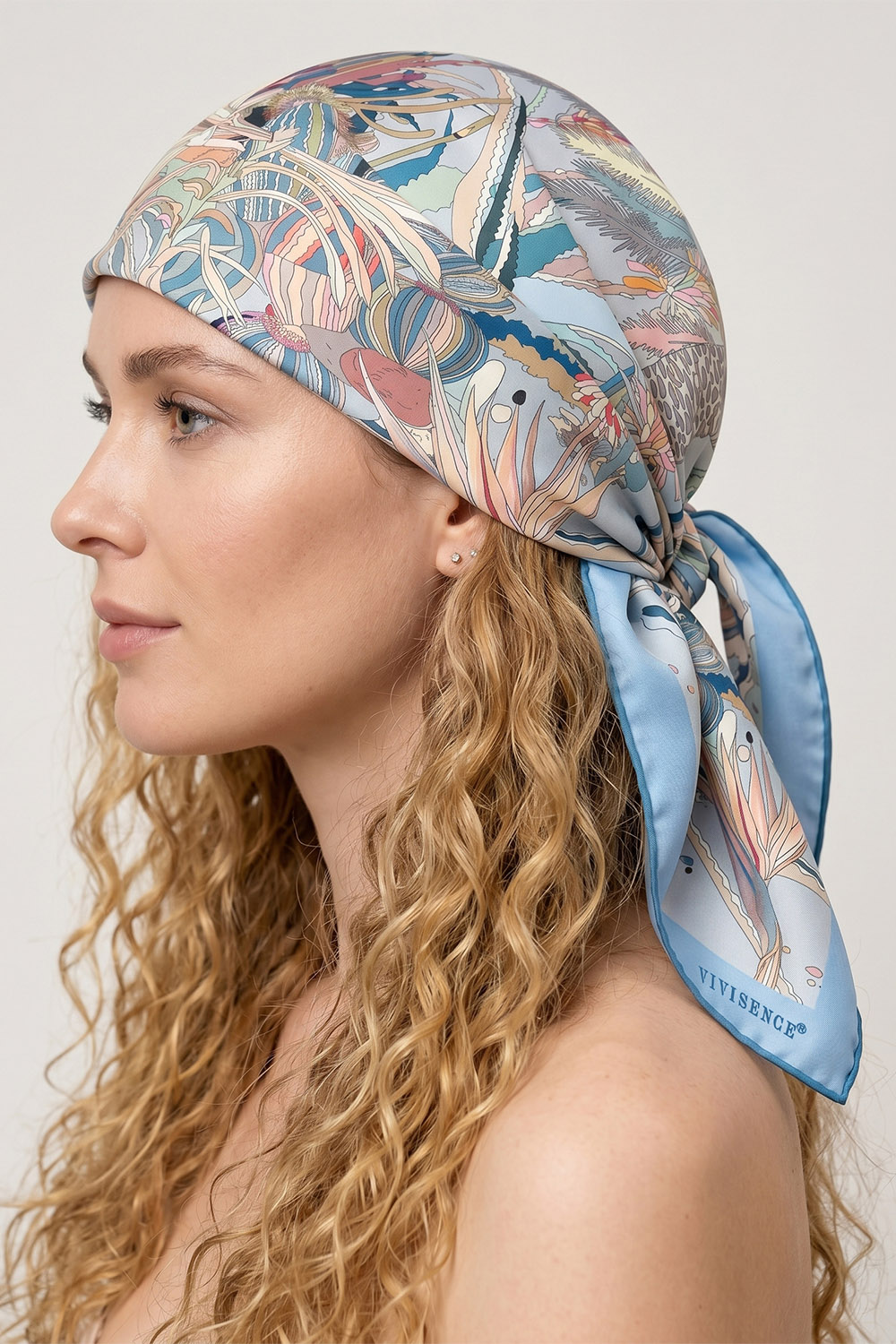 Vivisence Damen Seidentuch Naturale Seide Quadratisch Design Sanft Zur Haut, blau/beige