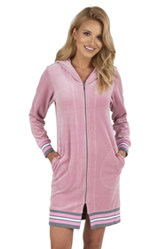 Vivisence Femme Peignoir Court Capuche Zippé Douillet Poches Bord Côtes 5018, rose