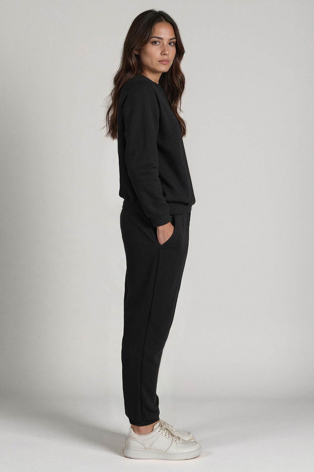 Vivisence Damen Trainingsanzug Baumwolle Bündchen Taschen Alltag Komfort 9204, Schwarz