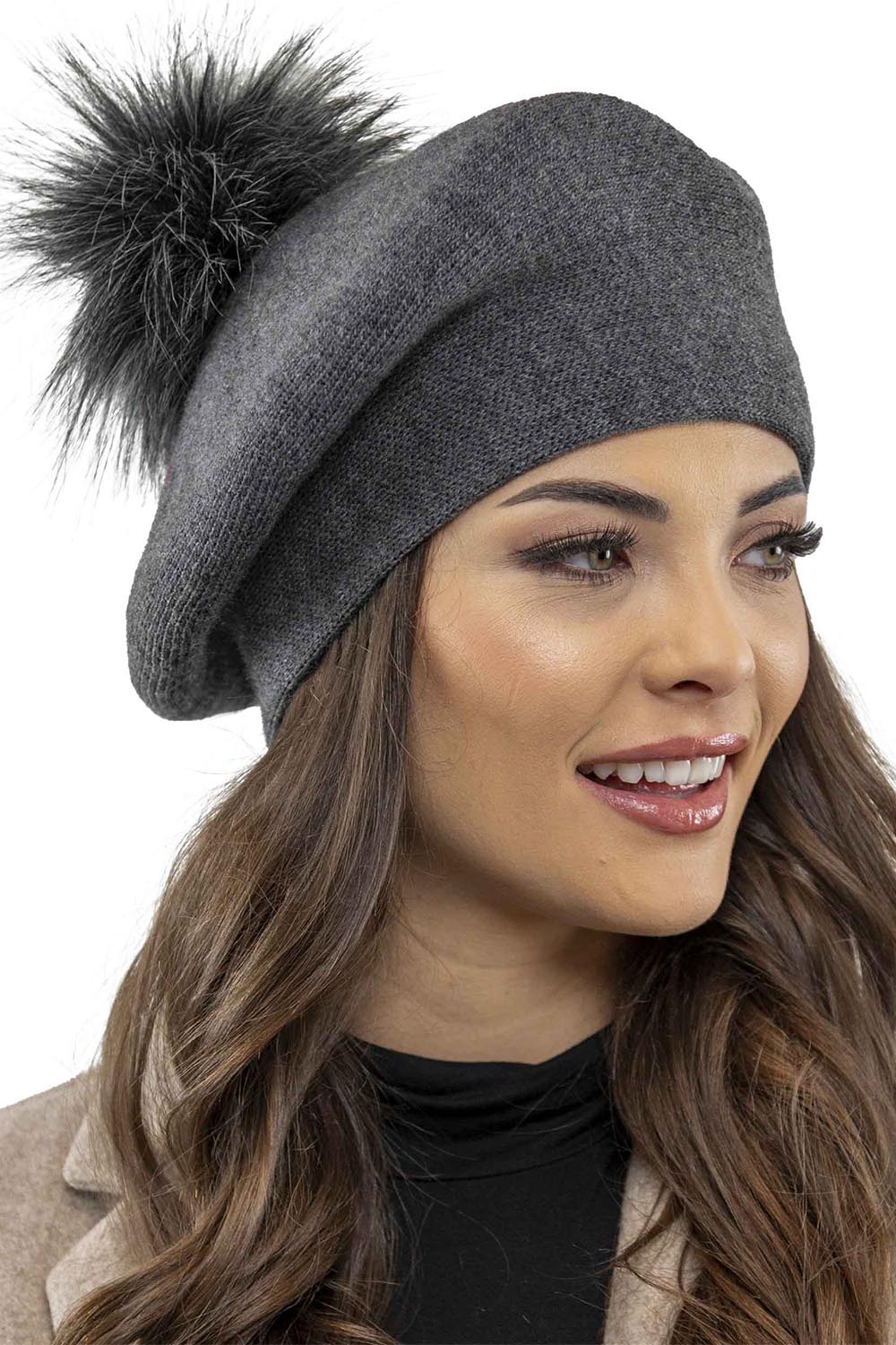 Vivisence Béret Et Écharpe Pour Femme L'automne et L'hiver Ensemble Élégant Fabriqué En Laine Chaude Avec Pompon De Fausse Fourrure Style Classique Idéal Pour Les Froids Jours Cadeau Parfait 7035Kmpl, gris foncé