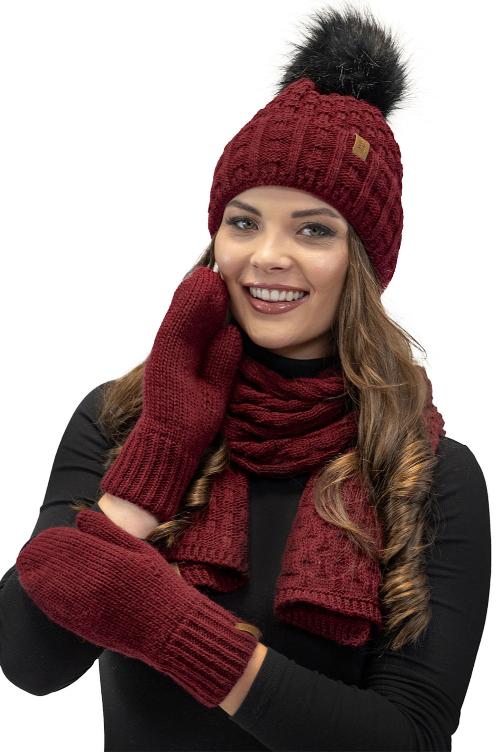 Vivisence Pom Pom Hat For Women Fleece Lined Knitted Winter Style 7015, maroon