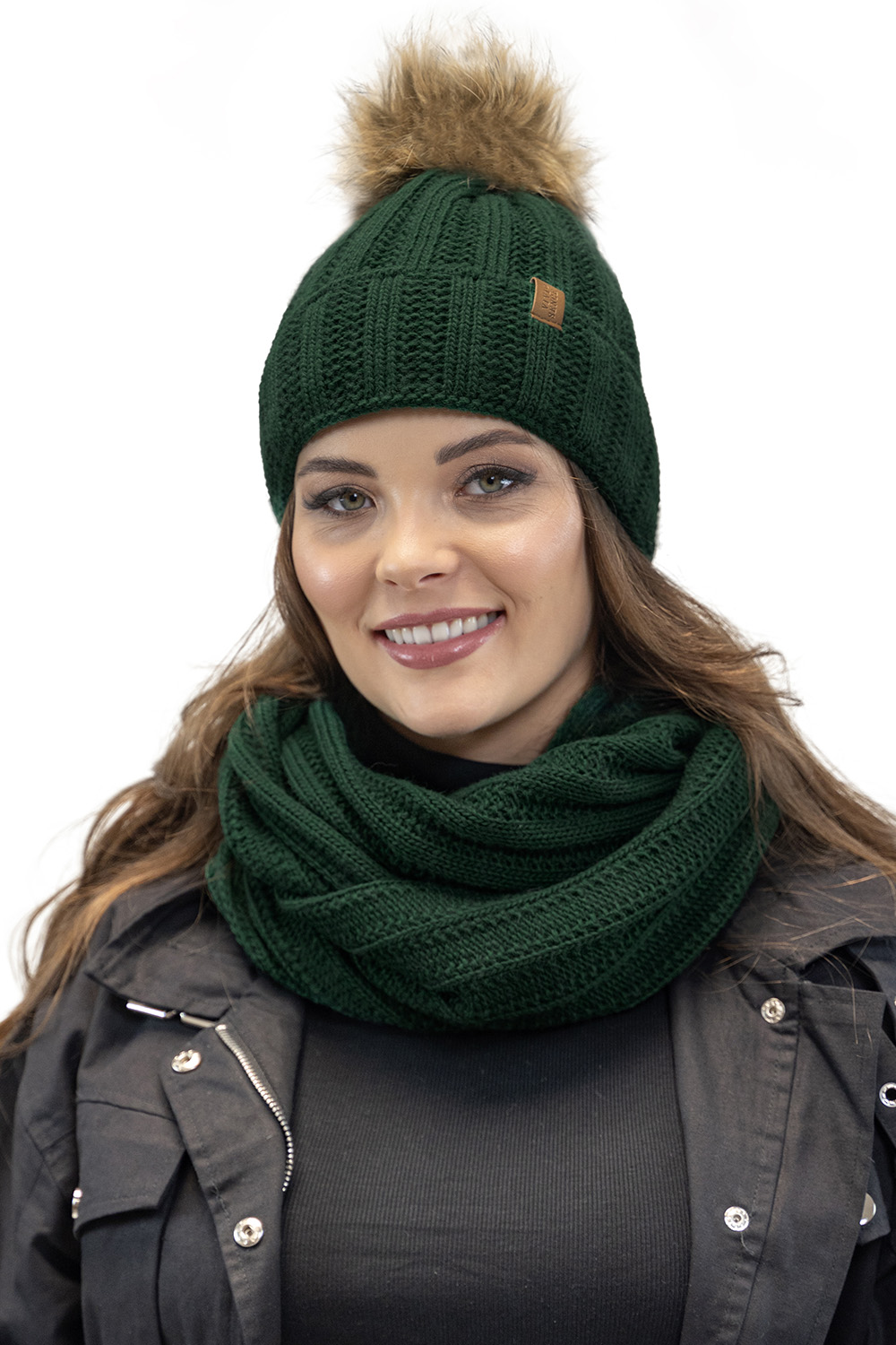 Vivisence Women's Pom Pom Hat Fleece Lined Faux Fur Pom Knitted 7019, green