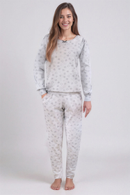 Vivisence Dame Schlafanzug 2-teiliges Set Pyjama Bluse Hose Gemustert Tupfen 2023, Grau