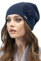 Vivisence Stylish Winter Set For Women Classic Hat And Scarf Made Of Warm And Soft Fabric With Wool Blend With Floral Decoration Perfect For Cold Winter And Autumn Days, dark blue