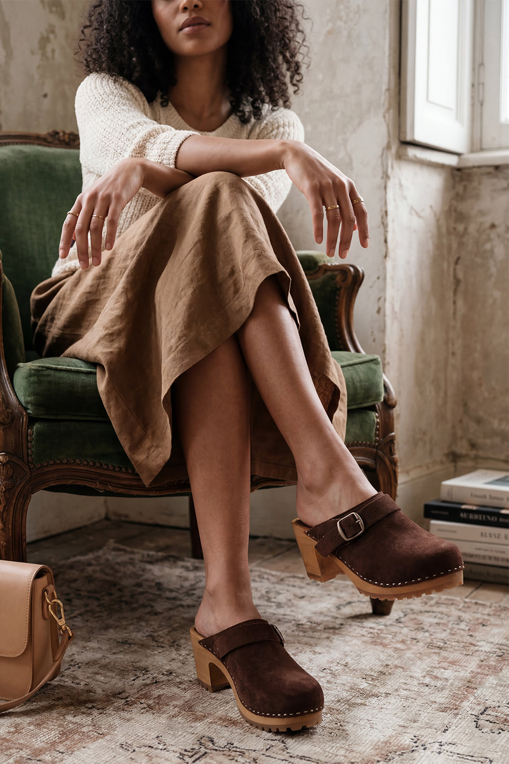 Vivisence Women’s Suede Clogs, Wooden Sole, Closed Toe Slip On Shoes with Buckle, Comfortable Wear, dark brown