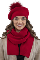 Vivisence Béret Femme Pour L'automne et L'hiver Avec Pompon En Fausse Fourrure Tricoté En Laine Acrylique Doux Chaud Et Confortable Idéal Classique Et Élégant 7035, rouge