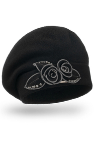 Vivisence Handmade Elegant Women's Cap With Floral Applique And Beads Decorative Folds Made From Warm Wool Static-Free Design Perfect Fit Ideal For Cold Winter Days, black