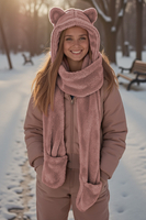 Vivisence Women Winter Hood Scarf With Mittens Soft Polyester Cozy Warmth, light pink