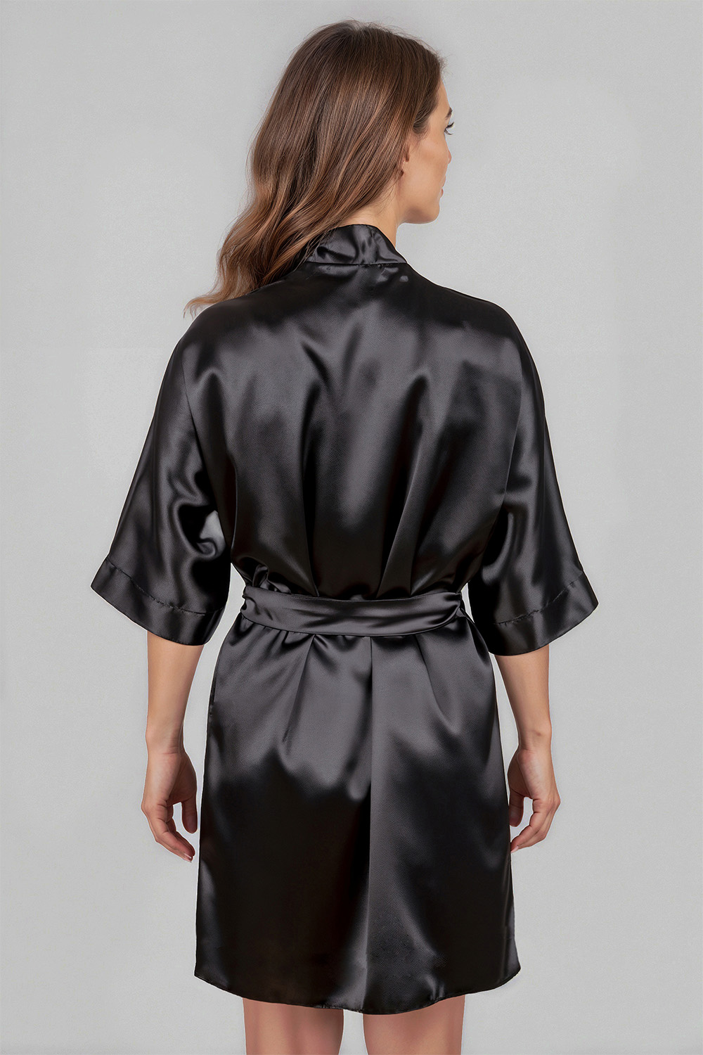 Vivisence Femme Peignoir Satin Court Manches Trois Quarts Ceinture Bien Être, noir