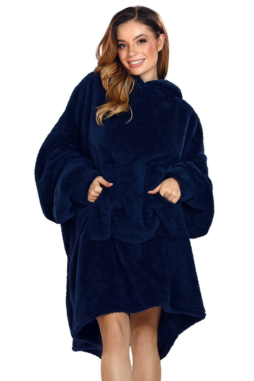 Vivisence Blanket Hoodie and Socks Set Warm and Cozy Wearable Blanket Sweatshirt with Large Pocket Extended Back Long Sleeves and Durable Ankle-Length Socks for Everyday Comfort, dark blue