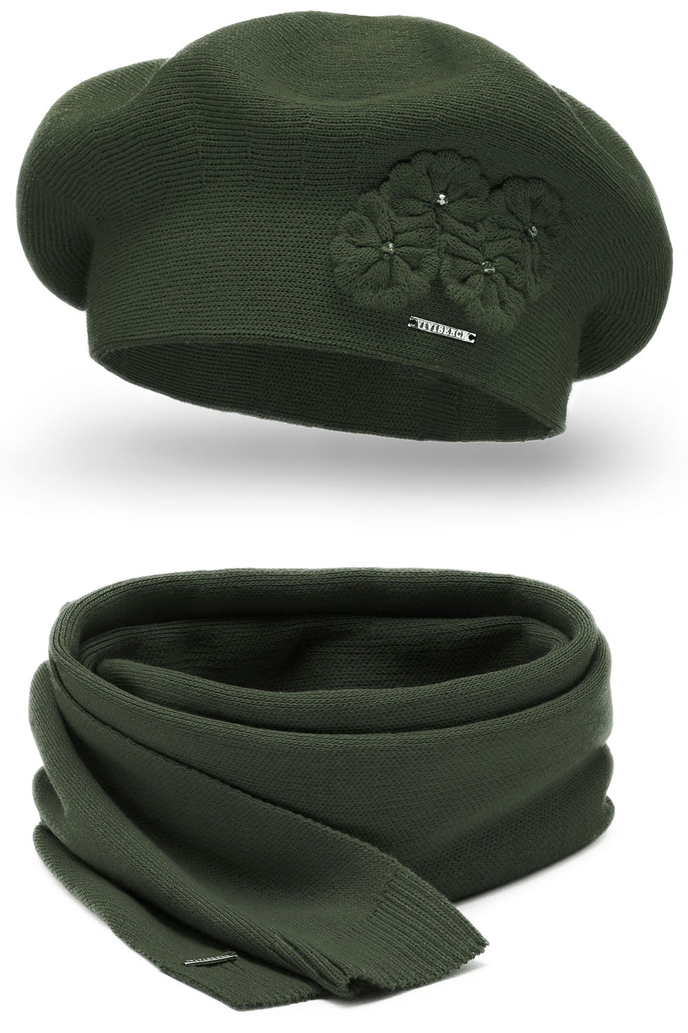 Vivisence Femme Béret Et Écharpe Pour l'Automne et l'Hiver Ensemble En Laine Avec Application Florale Style Classique Confortable Et Élégant Parfait Pour Lhiver Cadeau 7006Kmpl, vert