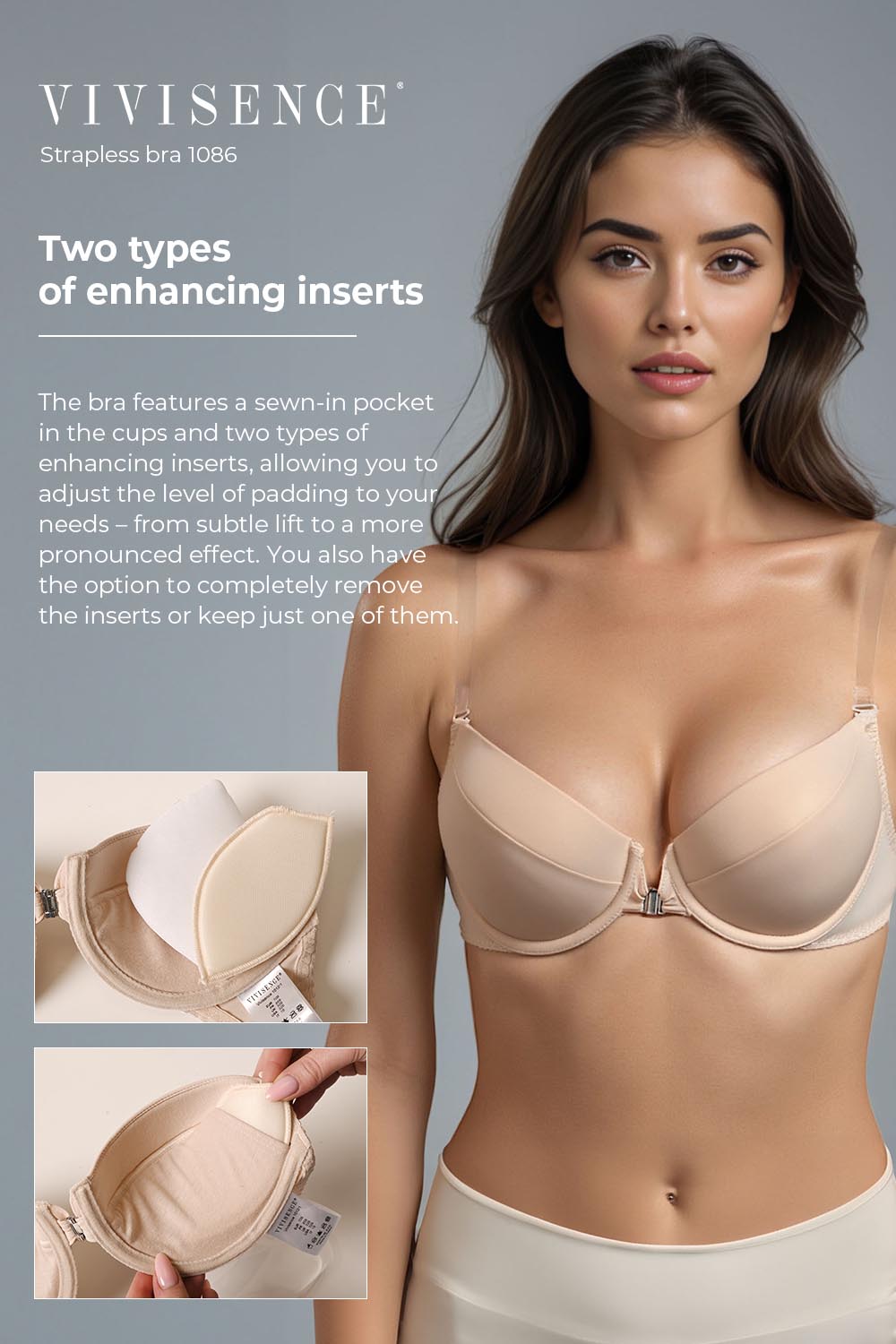 Vivisence Soutien Gorge Push Up Dos Nu Silicone Bretelles Dos Ouvert 1086, beige