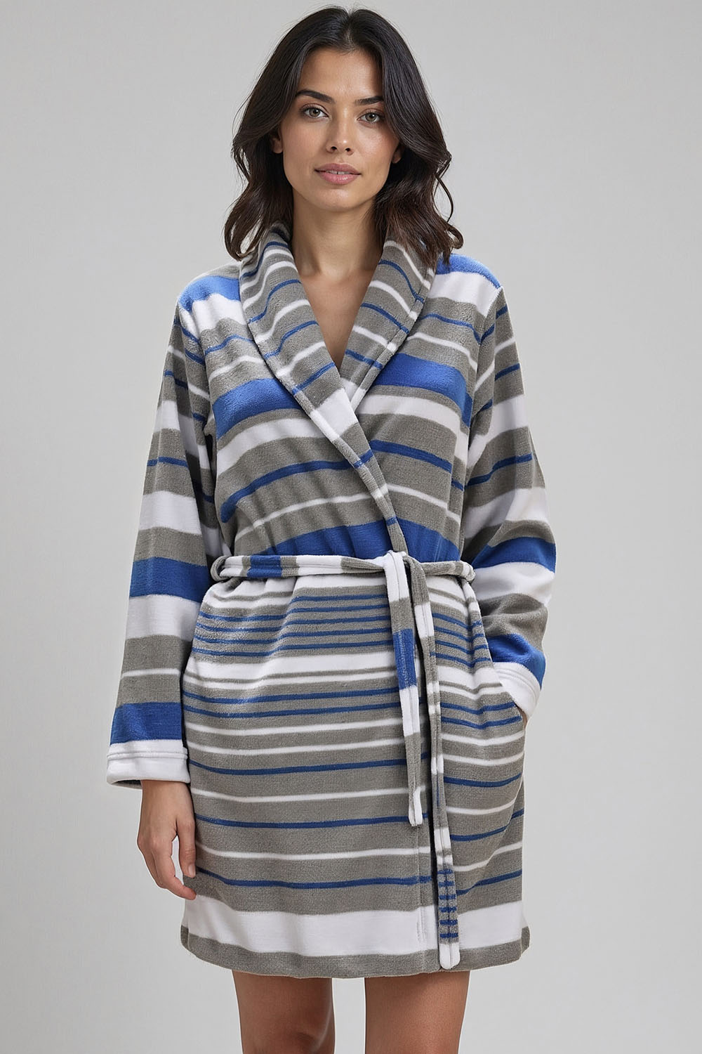Vivisence Women's Dressing Gown Cotton Side Pockets Perfect For Loungewear 5030, Blue