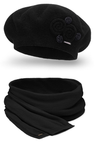 Vivisence Damen Baskenmütze Schal Set Wolle Applikation Lang Warm 7037kmpl, schwarz